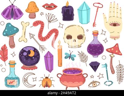 Okkulte Elemente kritzeln. Handgezeichnete Aufkleber, Zauberer Boho Zeichen. Alchemie oder Märchen Symbole, Trank in Gefäß, Hexerei Zauberladen genaue Vektor-Set Stock Vektor