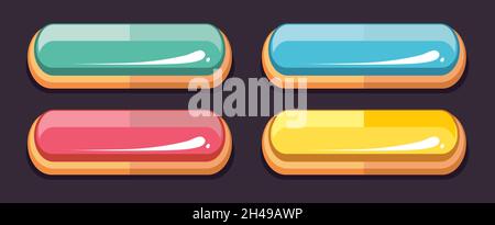 Schaltflächen der Benutzeroberfläche von Computerspielen. Knöpfe im Cartoon-Stil oder glänzende Banner. Gaming-Elemente, Web- oder Game-Design-Vektor-Set Stock Vektor