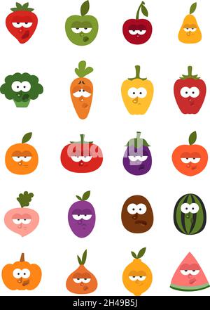 Obst und Gemüse mit Emotionen, Illustration, Vektor, auf weißem Hintergrund. Stock Vektor