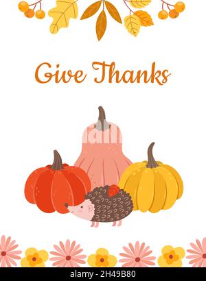 Niedlicher Igel mit Kürbissen. Postkarte zum Erntedankfest. Herbstferien, gelbe Blätter und Beeren Vektor-Poster Stock Vektor