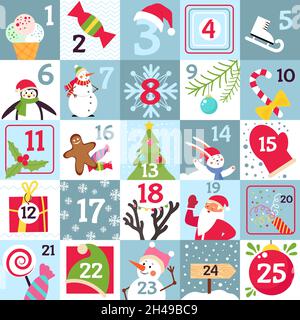 Adventskalender. Bedruckbares weihnachtsgeschenk, Countdown-Tageszahlen zu Feiertagen. Weihnachten Grüße, festliche Cartoon Schneemann drucken anständige Vektor-Vorlage Stock Vektor