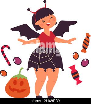 Glückliches Mädchen tragen Halloween-Kleid. Niedliches kleines Fledermaus-Kostüm, gruseliger Kürbis und Süßigkeiten-Vektor-Illustration Stock Vektor