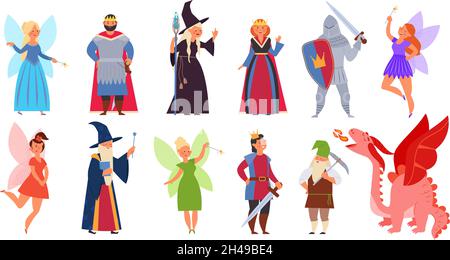 Märchenhafter Clipart. Mittelalterliche Zauberer Charaktere, Cartoon Fee Mädchen Drachen und Fantasy-Zauberer. Halloween Kleidung, Kind Buch Geschichte anständig Vektor-Set Stock Vektor