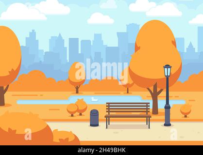 Herbstlicher Stadtpark. Schöne Herbststadtstraße mit Holzbank. Landschaft im Freien, blauer wolkig Himmel, Orangenbäume und See. Urbanes Vektorpanorama Stock Vektor