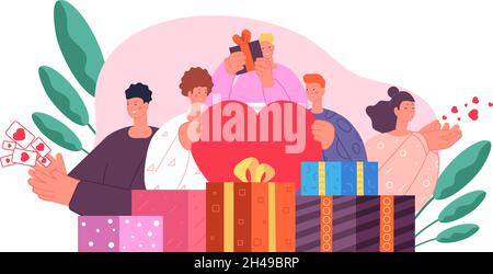 Geschenkspenden. Teilt Geschenke und Liebe, Menschen mit Herzen. Freundschaft, soziale Gemeinschaft oder Nächstenliebe. Weihnachten, Feiertage Boxen äußern Vektor-Konzept Stock Vektor