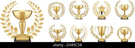 Goldene Trophäe. Gewinner Goldbecher, realistische Auszeichnung mit Kranz. Sportwettbewerb, Meisterschaft oder Leader. Erste Platz Auszeichnungen, Jubiläum isoliert Stock Vektor