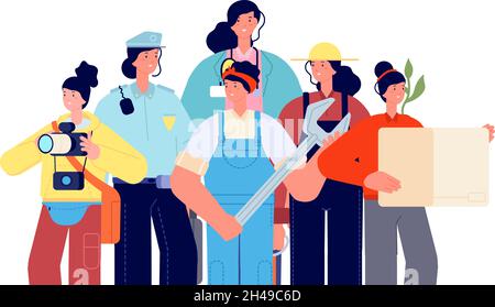 Weibliche Berufe. Frauen Berufsgruppe, Arzt, Polizei, Geburt Mädchen. Niedliche Cartoon Menschen Porträt, Vektor-Illustration Stock Vektor