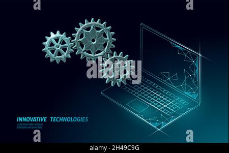 Laptop-Einstellungen helfen bei der Wartung von Low-Poly-Einstellungen. Neue Version Software Betriebssystem Upgrade Internet Upload. Touchscreen für Online-Informationen. Polygonal Stock Vektor