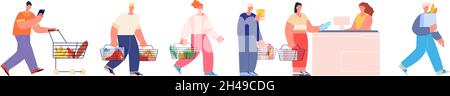 An der Kasse anstehen. Menschen warten Schlange, Mann kauft Lebensmittel im Supermarkt. Lebensmittelkunden, isolierte flache Käufer äußern Vektorkonzept Stock Vektor