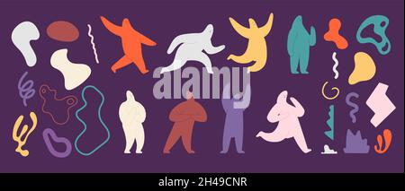 Doodle Formen und Silhouetten. Abstrakte Kunst Form, kritzeln Menschen. Bunte künstlerische Dekorationen, handgezeichnete kreative Utter-Vektor-Elemente Stock Vektor