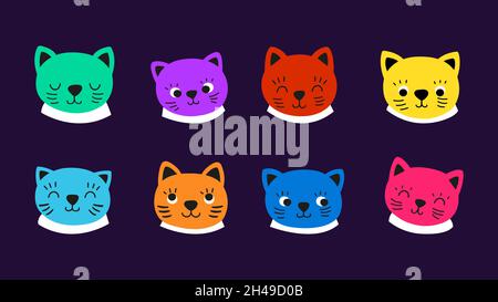 Katzen Gesichter. Kätzchen emotionales Gesicht, Katzen Avatare mit großen Cartoon-Augen. Abstrakte Farbe Tier mit Ohren, moderne Neon-Vektor-Design-Elemente Stock Vektor