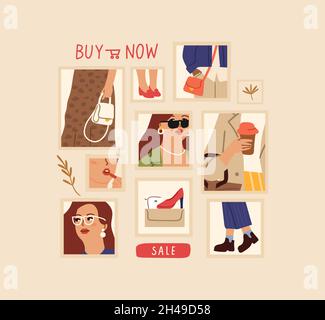 Modische Collage. Verkaufsposter, Shopping Online-Shop-Konzept. Kaufen Sie es jetzt, modische Mädchen Fotorahmen. Damenschuhe, Sonnenbrillen-Taschen, Vektor-Rabatt Stock Vektor