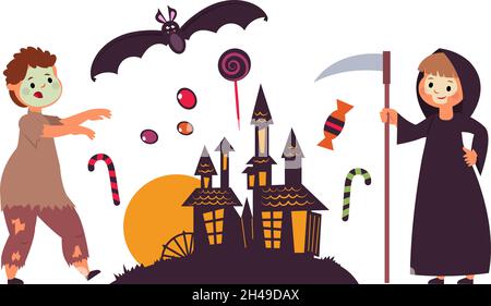 Kinder tragen Halloween Kostüme. Zombie-Junge, Mädchen sieht aus wie der Tod. Unheimliche Silhouette, Urlaub Süßigkeiten. Vektorkonzept „Trick or Treat“ Stock Vektor