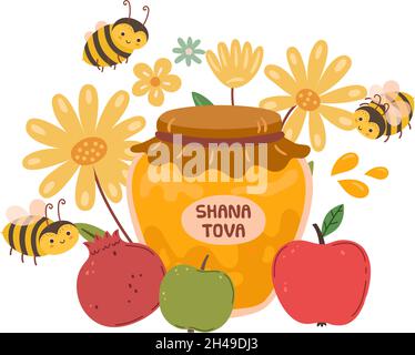 Jüdisches Neujahrsfest, Rosh hashanah. Happy shana tova, fliegende Biene. Holiday Symbole Honig, Apfel und Granatapfel Vektor-Konzept Stock Vektor