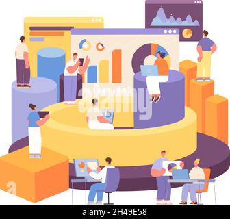 Analysezeichen. 3d-Komposition, Informationen zu Geschäftstechnologien. Digitale Finanzen, Menschen studieren oder arbeiten mit Charts äußern Vektorszene Stock Vektor