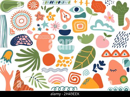 Kollektion „Abstract Nature Shapes“. Mode Freihand florale Elemente, moderne Kunst Kritzeleien. Farbe Blatt, weibliches Profil. Moderne, dezente Vektorgrafik Stock Vektor