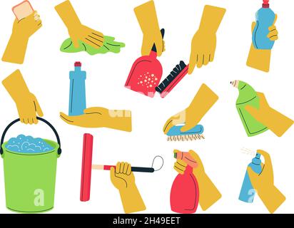Hände halten die Reinigungselemente. Wischen Sie sauber, halten Sie das Tuch und die Bürste mit der Hand. Sprühflasche, Reinigungsschwamm für Boden und Oberflächen. Sanitäre Ikone ganz anständig Stock Vektor