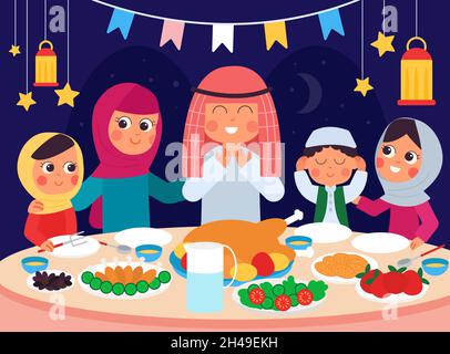Ramadan-Abendessen. Muslimische Familie essen, iftar feiern. Arabische festliche Gerichte auf dem Tisch, rituelle Grüße. Nach dem Fasten, Eltern und Kinder zusammen Stock Vektor
