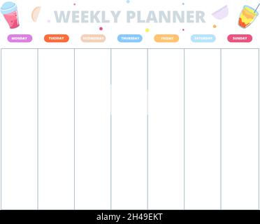 Vorlage für die wöchentliche Planung. Wochenplan, Schulplan. Nette Seite für Diättagebuch. Stundenplaner, Kinder- oder Studentennotizpapier, ausgedruckter Vektor Stock Vektor