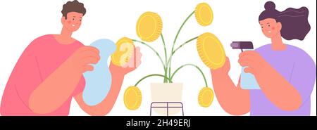 Bauen Sie den Geldbaum an. Investition und Wirtschaft, Metapher für Unternehmenswachstum. Finanzierungsgewinn, Münzen wachsen im Topf. Investieren Sie ein totes Vektorkonzept Stock Vektor