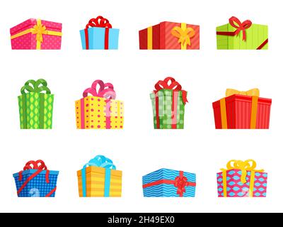 Set aus Cartoon-Geschenkboxen. Weihnachtsgeschenke, Überraschungsbox. Verkauf Dekoration, Geburtstagsfeier Elemente. Flaches Paket mit Schleifen Bänder jüngsten Vektor Stock Vektor