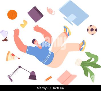 Mann fällt herunter. Büromitarbeiter Unfall, Person, die Fehler bei der Arbeit macht. Lebenskrise, Versagen oder Probleme. Männer fliegen mit einem Laptop, Unternehmen fallen in die Luft Stock Vektor