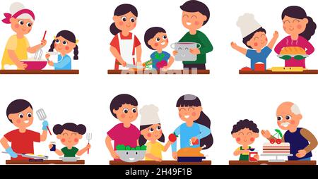 Familienküche. Essen vorbereiten, Mädchen in der Küche. Eltern und Kinder kochen Mahlzeiten, süße Backwaren und Abendessen. Hausfrau Aktivitäten anständig Vektor gesetzt Stock Vektor