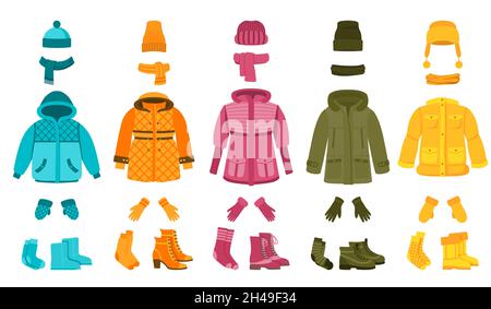Warme Tücher und Accessoires. Winterkleidung, Cartoon Frauen Saisonkleidung. Mantel und Jacke, Hut und Schal. Isolierter Mode-Vektor, der zuletzt verwendet wurde Stock Vektor