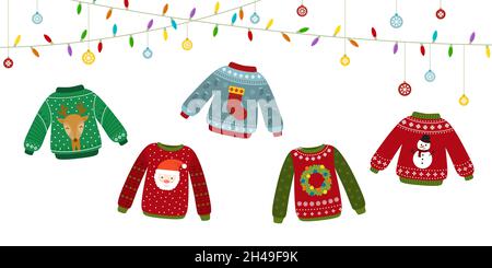 Hässliches Pullover-Banner. Feiern, weihnachtspullover und Girlanden. Frohes neues Jahr, Plakat für Winterurlaub. Warmer Jumper, neue Vektorelemente Stock Vektor