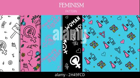 Eine Reihe nahtloser Muster kritzeln Zeichen des Feminismus, der Rechte der Frauen. Grunge handgezeichnete Vektor-Ikonen des Feminismus Protestsymbole Eine Kundgebung, für die man kämpfen muss Stock Vektor