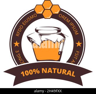 Glas mit Honig. Retro-Wabenabzeichen. Imker, Herbstlandwirtschaft und Häw-Ernte. Isolierter Vintage-Vektor-Aufkleber Stock Vektor