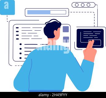 Java-Technologie-Coder, Programmierer Junge. Mann Geek, Junge arbeiten mit abstrakten Charts und Aufgabe Vektor-Konzept Stock Vektor