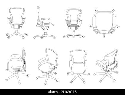 Set mit den Konturen eines Spielstuhls aus schwarzen Linien isoliert auf weißem Hintergrund. Isometrische Ansicht, Seite, oben, vorne. Vektorgrafik Stock Vektor