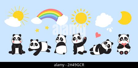 Panda-Tiere. Cartoon Pandas, Regenbogen und Sonne. Weiße Wolken, Sterne und wilde exotische Tiere, kindliche niedliche Freunde Vektorfiguren Stock Vektor