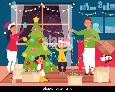 familienweihnacht zu Hause. Lustige Kind dekorieren Weihnachtsbaum, Neujahr festliche Party. Eltern und Kinder im Zimmer, Winterferien anständige Vektorszene Stock Vektor