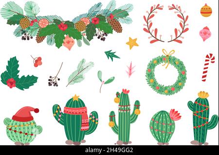 Dekorationen für den Winterurlaub. Weihnachtskranz, zweige im skandinavischen Stil und Weihnachtsbaumspielzeug. Blätter, rote Beeren und Kakteen mit festlichen Girlanden Stock Vektor