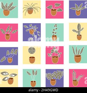 Hauspflanzen in Töpfen, Illustration, Vektor, auf weißem Hintergrund. Stock Vektor