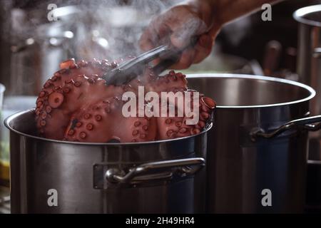 Ganze Oktopus kocht in dem Topf, der mit Wasser und Gemüse gefüllt ist. Tentakeln von rotem Oktopus werden gekocht Stockfoto