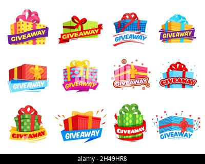 Werbebanner. Box Gewinner Aufkleber, Event-Geschenk mit Schleife. Bekanntgabe der Gewinner, Zeichentrickfilme. Preisgabe des Spiels, aktuelle Vektorsammlung Stock Vektor