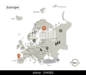 Europakarte, einzelne Bundesstaaten mit Namen, Infografiken und Symbolvektoren Stock Vektor