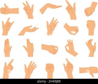 Verschiedene Handgesten. Handgestensammlung, Arme in gedrückter Position. Finger Signal, verschiedene manuelle Posen der Sprache anständigen Vektor eingestellt Stock Vektor