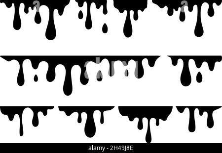 Schwarze tropfende Elemente. Farbe fallenlassen, Sirup geschmolzen. Rinnsal tropft, isoliertes flüssiges Öl schmilzt. Dynamischer Tintenfluss, grafischer Vektorsatz Stock Vektor