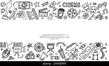Kino, TV-Shows, Serien und Filme Lustige Doodle Vektor-Set. Handgezeichnete, farbenfrohe Illustration. Set für Podcast, Auszeichnungen und Radio. Hintergrund Stock Vektor