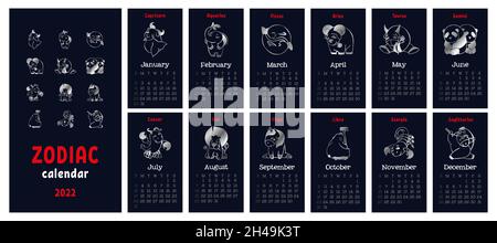 Kalender 2022 mit Sternzeichen Horoskop Zeichen. Silbernes Symbol auf blauem Hintergrund Stock Vektor