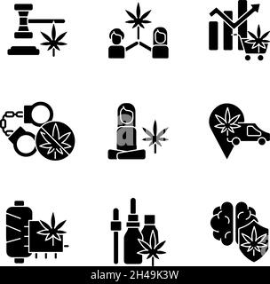 Marihuana-Pflanze verwendet schwarze Glyphen-Symbole, die auf weißem Raum gesetzt sind Stock Vektor