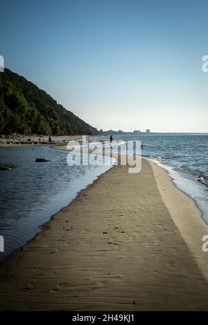 Ein langer gewundener Sandstrand entlang der Küste. Ostsee, Miedzyzdroje, Polen. Blauer Himmel, Kopierraum. Stockfoto