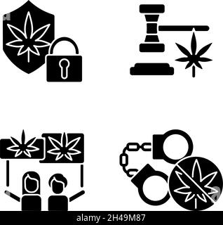 Legalität von Cannabis schwarze Glyphen-Symbole auf weißem Raum gesetzt Stock Vektor