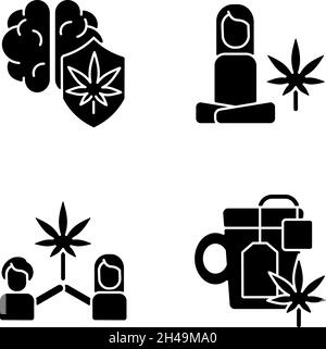 Schwarze Glyphen-Symbole für Cannabis und psychische Gesundheit auf weißem Raum Stock Vektor