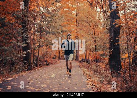 Fit gut aussehende Mixed-Rennen jungen Mann läuft auf gepflasterten Weg im Park im Herbst. Afroamerikanischer Mann joggt durch den Wald, umgeben von Herbstblättern Stockfoto