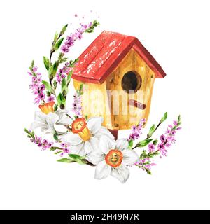 Vogelhaus und Frühlingsblumen. Aquarell handgezeichnete Illustration, isoliert auf weißem Hintergrund Stockfoto